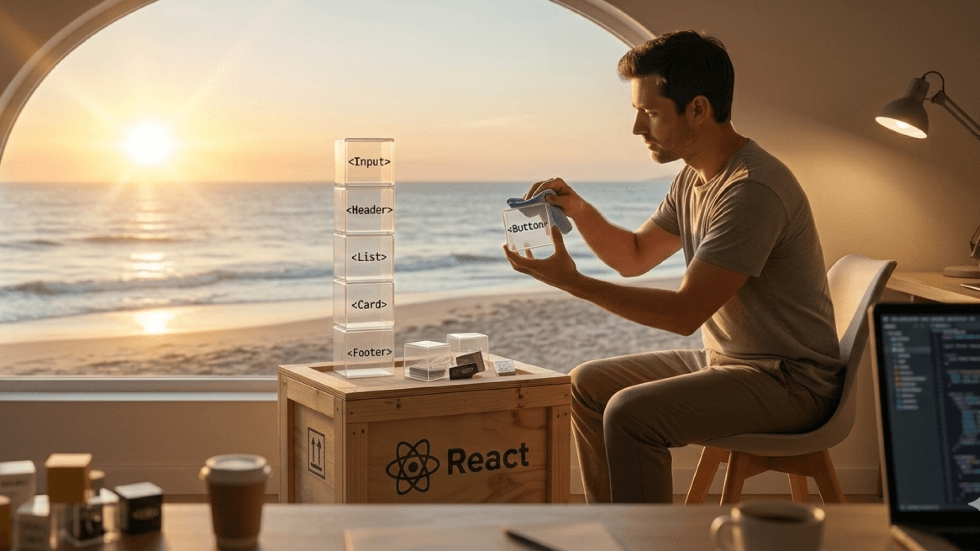 Мужчина собирает кубики